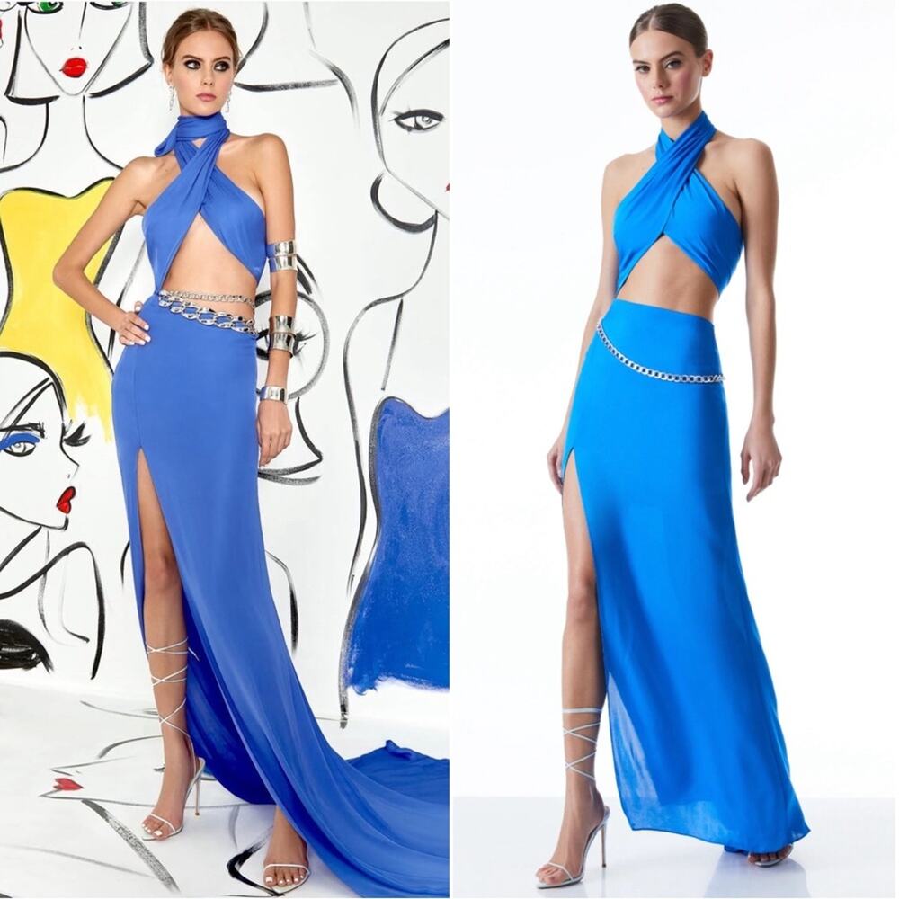 ALICE + OLIVIA May Halter Neck Chain Waist Cutout Palace Blue Maxi Dress Sz 10